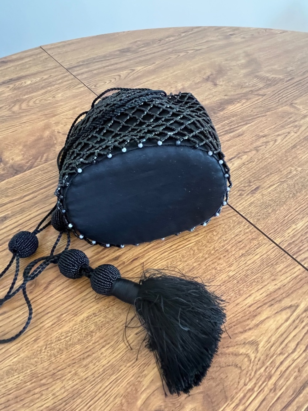 Vintage Black Beaded Evening Bag with Tassel Strap size 5,3x5,0 in - Picture 3 of 8